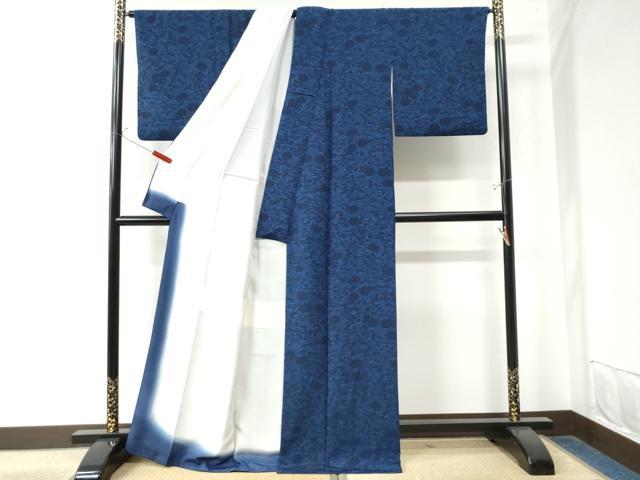 平和屋着物○上質な小紋 藍 型染め 流水菊花文 正絹 逸品 CAAW8186yc