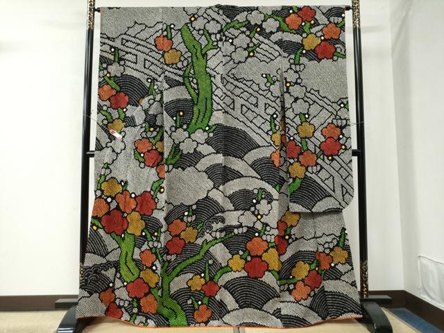 平和屋着物●豪華振袖　総絞り　雲取り槍梅文　黒地　正絹　逸品　CAAW8196yc