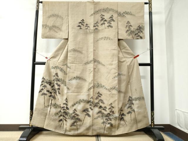 平和屋着物●訪問着　紬地　作家物　手描き　芝草枝松文　正絹　逸品　CAAW8225yc