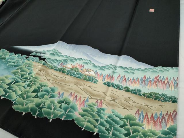 平和屋着物○本加賀友禅作家 鶴見保治 遠山樹林風景文 正絹 逸品