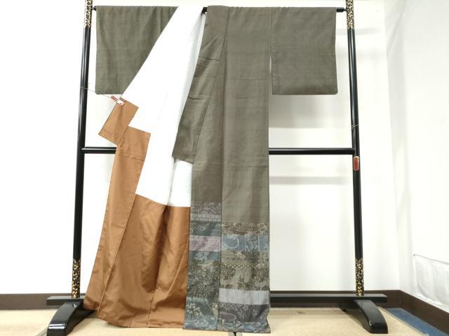 平和屋着物○色留訪問着 結城紬地 100亀甲 横段花文