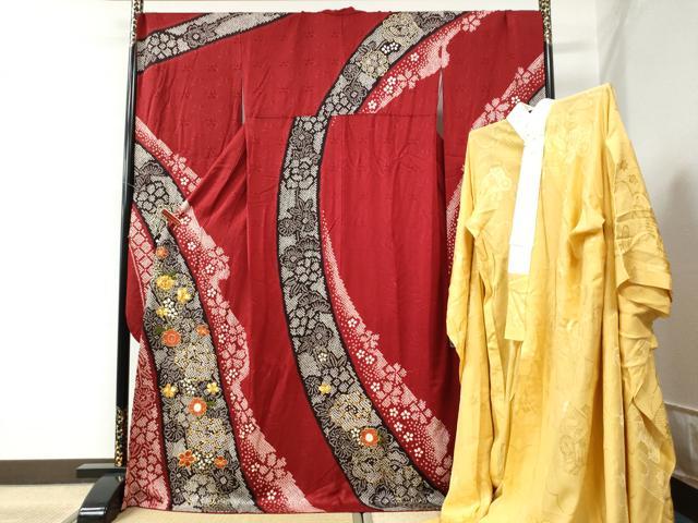 平和屋着物●豪華振袖・長襦袢セット　駒刺繍　絞り　牡丹花文　金彩　京都きもの友禅扱い　半衿刺繍　正絹　逸品　CAAW8381yc