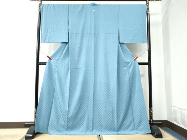 平和屋着物●上質な色無地　市松地紋　空色　ロング丈　正絹　逸品　CAAW8409yc 平和屋着物○上質な色無地 市松地紋 空色 ロング丈 正絹 逸品 CAAW8409yc