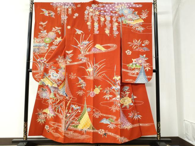 平和屋着物●豪華振袖　型染め　御所解飛鶴草花文　正絹　逸品　CAAW8436yc