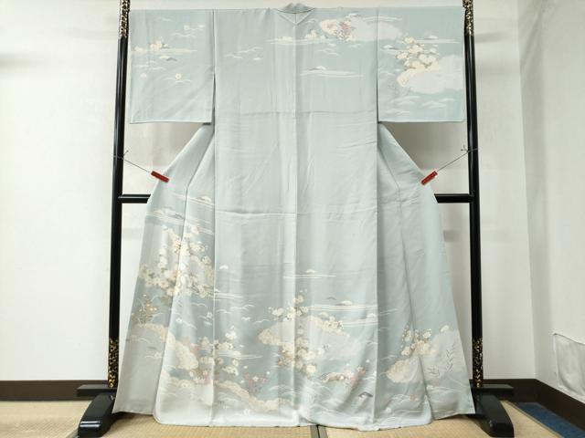 平和屋着物●訪問着　駒刺繍　雲重ね御所車草花文　金彩　正絹　逸品　CAAW8561yc