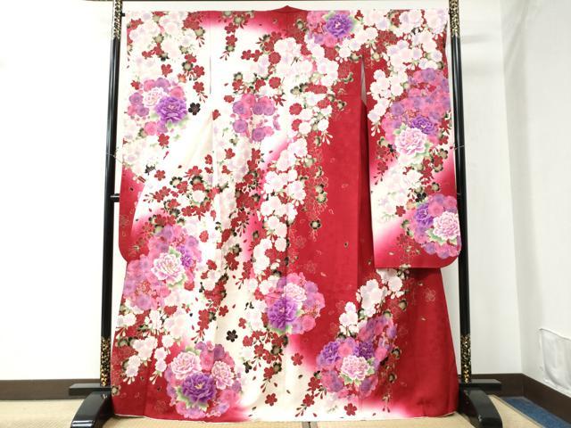 平和屋着物●豪華振袖　牡丹舞桜文　ラメ糸　暈し染め　金彩　正絹　逸品　CAAW8563yc