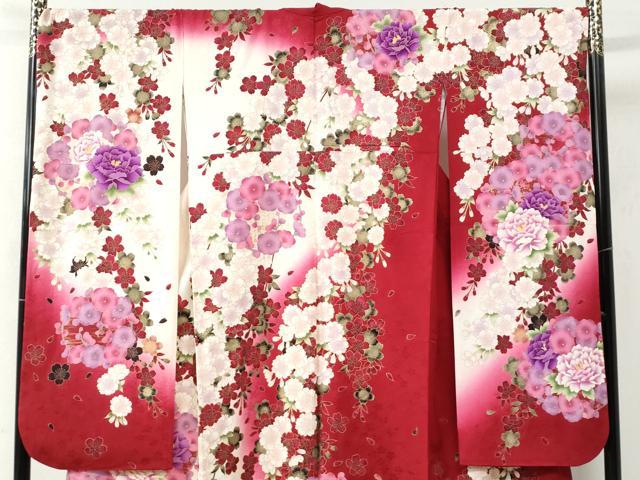 平和屋着物●豪華振袖　牡丹舞桜文　ラメ糸　暈し染め　金彩　正絹　逸品　CAAW8571yc 平和屋着物○豪華振袖 牡丹舞桜文 ラメ糸 暈し染め 金彩