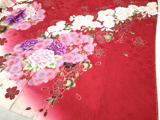 平和屋着物○豪華振袖 牡丹舞桜文 ラメ糸 暈し染め 金彩