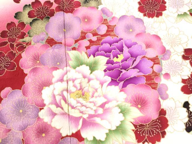 平和屋着物○豪華振袖 牡丹舞桜文 ラメ糸 暈し染め 金彩