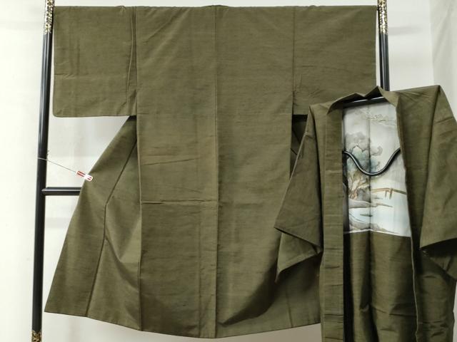 平和屋着物●男性　紬　アンサンブル　色無地　海松色　正絹　逸品　CAAW8574yc