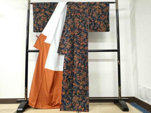 平和屋着物●上質な小紋　紬地　型染め　更紗花唐草文　正絹　逸品　未使用　CAAW8632yc 平和屋着物○上質な小紋 紬地 型染め 更紗花唐草文 正絹