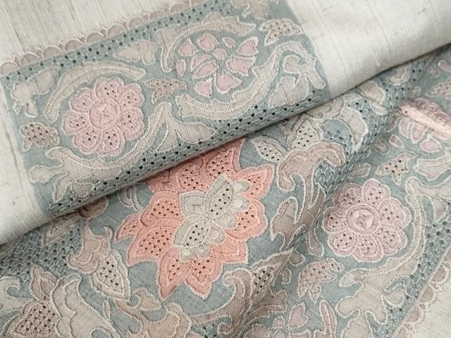 平和屋着物●中国三大刺繍　スワトウ刺繍　総刺繍　訪問着　紬地　横段更紗花唐草文　正絹　逸品　CAAW8711yc