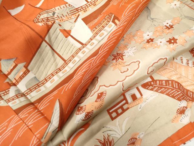 平和屋着物●アンティーク　大正ロマン　長襦袢　袷　帆船霞枝花文　正絹　逸品　CAAW8772yc