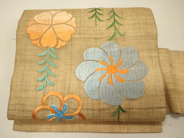 平和屋着物＊夏物　九寸名古屋帯　総刺繍　草花文　麻　逸品　CAAW8986oy