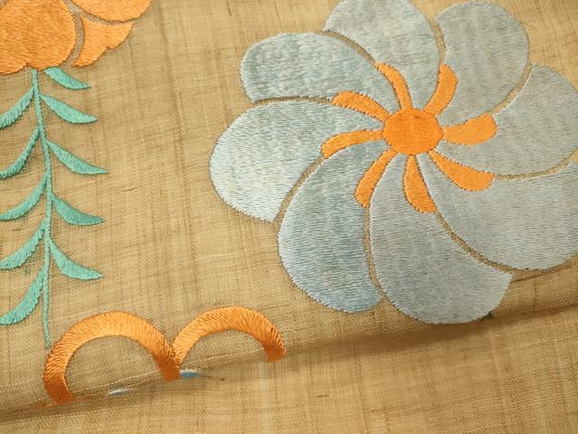 平和屋着物＊夏物　九寸名古屋帯　総刺繍　草花文　麻　逸品　CAAW8986oy 平和屋着物＊夏物 九寸名古屋帯 総刺繍 草花文 麻 逸品 CAAW8986oy