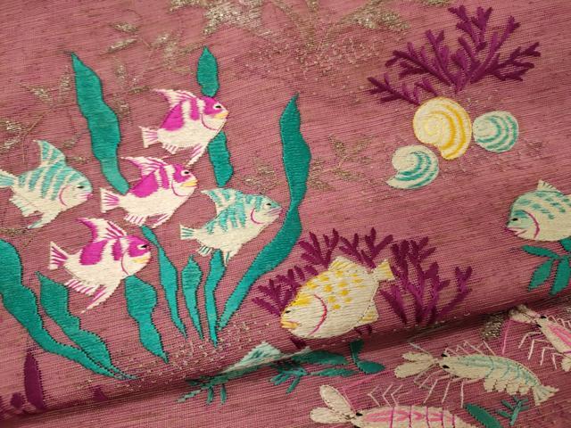 平和屋着物＊夏物 アンティーク 大正ロマン 九寸名古屋帯 刺繍 魚 海老