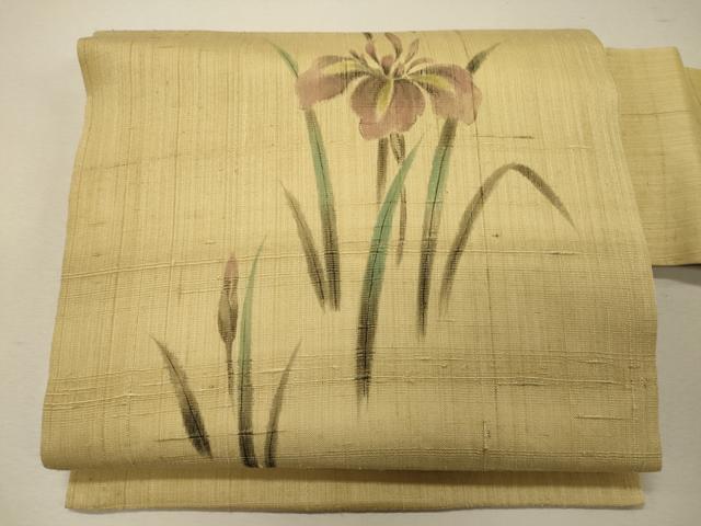 平和屋着物＊夏物　九寸名古屋帯　手描き　生紬　草花文　正絹　逸品　CAAW9013oy