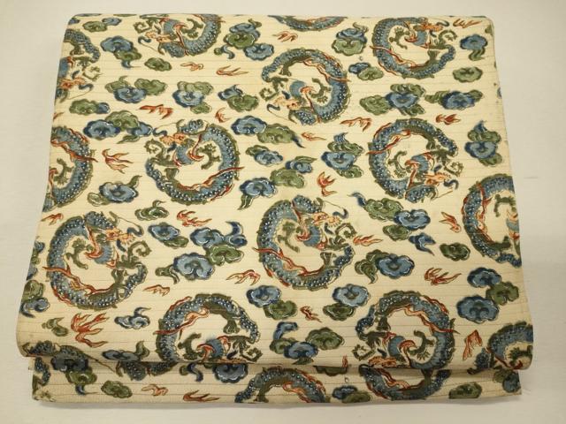 平和屋着物＊夏物　アンティーク　大正ロマン　丸帯　絽縮緬　雲取り龍文　銀彩　正絹　逸品　CAAW9027oy