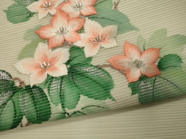 平和屋着物＊夏物 九寸名古屋帯 作家物 刺繍 草花文 銀彩