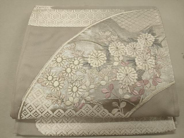 平和屋着物＊夏物　六通柄袋帯　駒刺繍　吉祥地紙花文　銀糸　正絹　逸品　CAAW9043oy