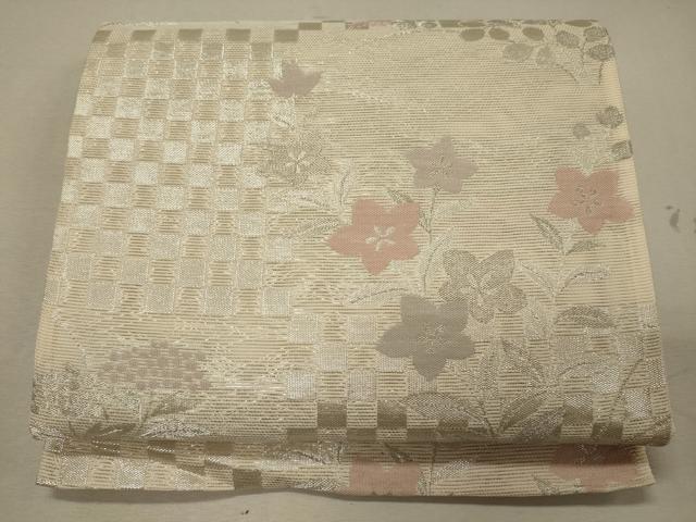 平和屋着物＊夏物　六通柄袋帯　市松草花文　銀糸　正絹　逸品　未使用　CAAW9062oy