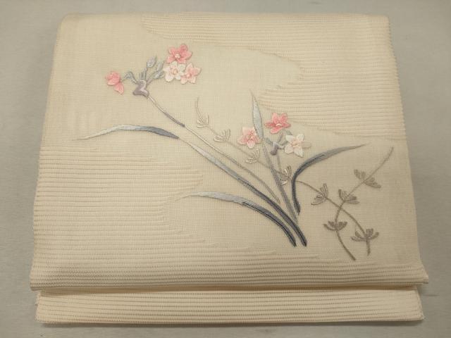 平和屋着物＊夏物　九寸開き名古屋帯　刺繍　草花文　正絹　逸品　CAAW9110oy