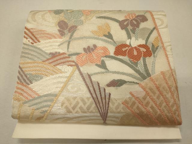 平和屋着物＊夏物　太鼓柄袋帯　唐織　檜扇草花文　金糸　正絹　逸品　CAAW9115oy