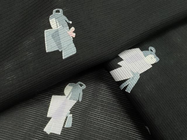 平和屋着物＊夏物　小紋　絽　人物文　黒地　洗える着物　CAAW9872gh