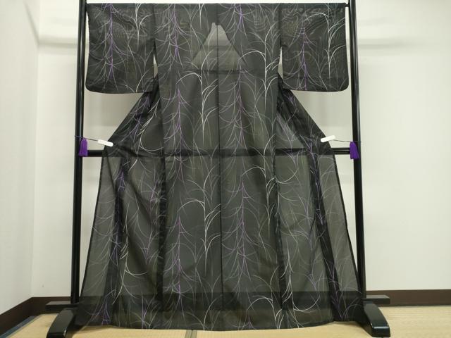 平和屋着物＊夏物　小紋　絽　草木文　黒地　洗える着物　CAAW9901gh 平和屋着物＊夏物 小紋 絽 草木文 黒地 洗える着物 CAAW9901gh