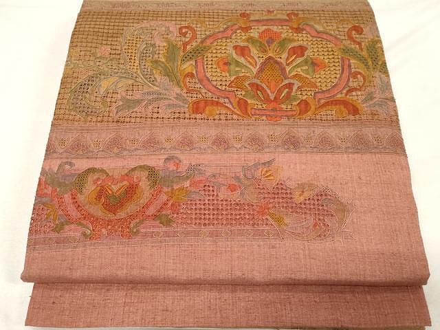 平和屋着物●中国三大刺繍　スワトウ刺繍　太鼓柄袋帯　紬地　横段更紗花文　正絹　逸品　CAAX0523yk