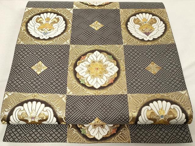 平和屋着物●京の名門　じゅらく謹製　黄金繭　六通柄袋帯　唐織　市松正倉院花文　金糸　正絹　逸品　CAAX0539yk