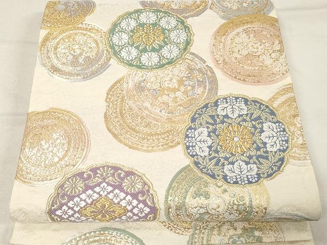 平和屋着物●両面　六通柄袋帯　三角緑伸獣鏡三宮文　金銀糸　正絹　逸品　CAAX0572yk