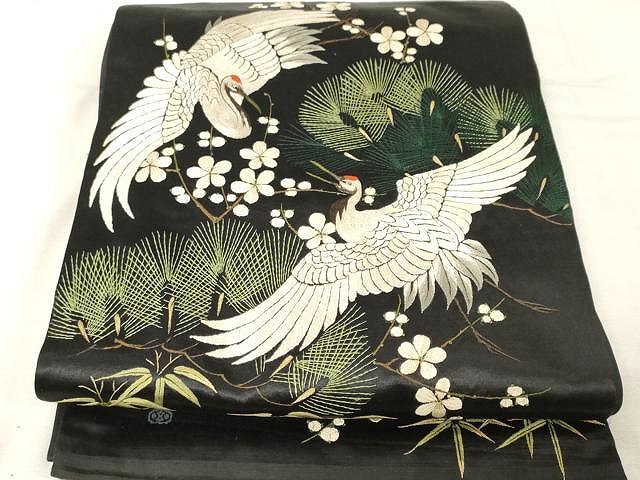 平和屋着物●アンティーク　大正ロマン　太鼓柄京袋帯　飛鶴枝花文　黒地　金糸　正絹　逸品　CAAX0645yk