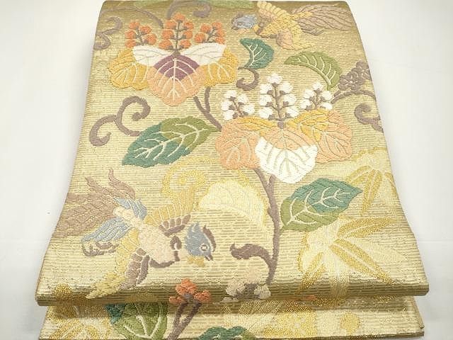 明綴れ 手織 袋帯 天井格子文 七宝繋ぎ 金糸 正絹 三通 Q847 明綴れ 手織 袋帯 天井格子文 七宝繋ぎ 金糸 正絹 三通 Q847 9-149