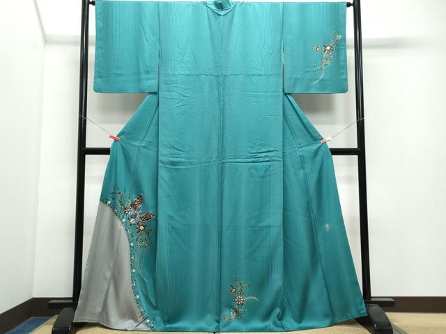 平和屋着物●染織作家　染織デザイナー　大島明　訪問着　更紗花蝶唐草文　金銀彩　正絹　逸品　CAAX0834vf