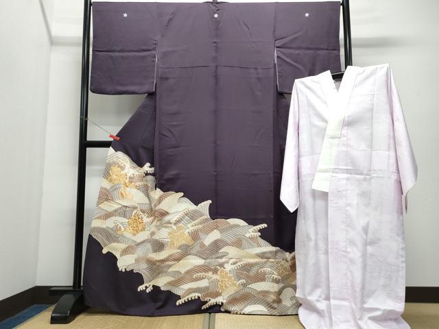 平和屋着物●豪華色留袖　長襦袢セット　駒刺繍　立波文　金彩　正絹　逸品　CAAX0845vf
