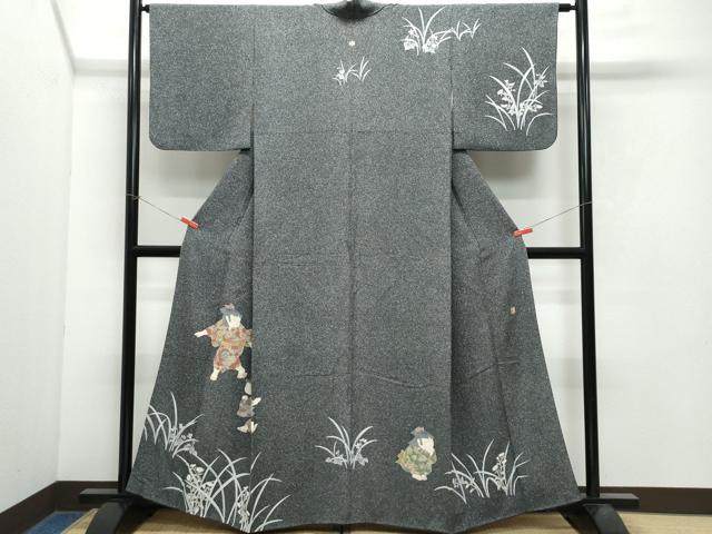 平和屋着物●十日町友禅作家　関口遼一　訪問着　童子遊び草花文　たたき染め　黒地　正絹　逸品　CAAX0924vf