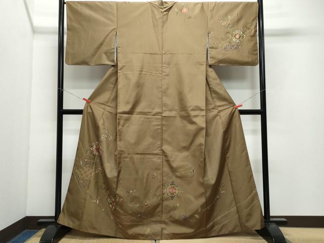 平和屋着物●中国三大刺繍　スワトウ刺繍　総刺繍　訪問着　紬地　吉祥花唐草文　金糸　正絹　逸品　CAAX0937vf