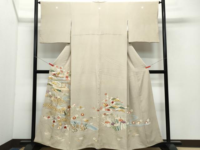 平和屋着物●豪華色留袖　刺繍　流水風景草花文　金彩　正絹　逸品　CAAX0954vf