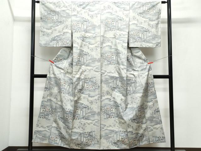 平和屋着物○本場大島紬 白大島 風景人物枝花文 正絹 逸品 CAAX0960vf