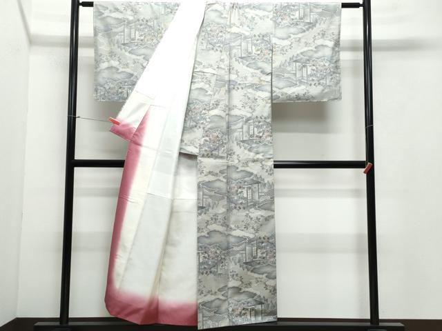 平和屋着物○本場大島紬 白大島 風景人物枝花文 正絹 逸品 CAAX0960vf