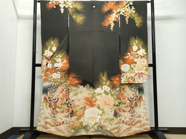 平和屋着物●アンティーク　大正ロマン　振袖　駒刺繍　宝船文　暈し染め　黒地　正絹　逸品　CAAX0994vf