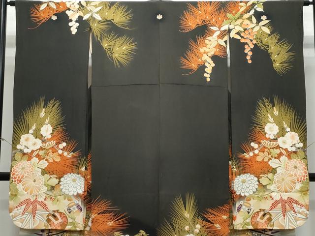 平和屋着物●アンティーク　大正ロマン　振袖　駒刺繍　宝船文　暈し染め　黒地　正絹　逸品　CAAX0994vf 平和屋着物○アンティーク 大正ロマン 振袖 駒刺繍 宝船文 暈し染め 黒地