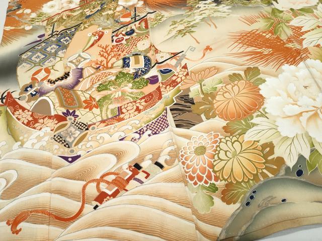 平和屋着物○アンティーク 大正ロマン 振袖 駒刺繍 宝船文 暈し染め 黒地