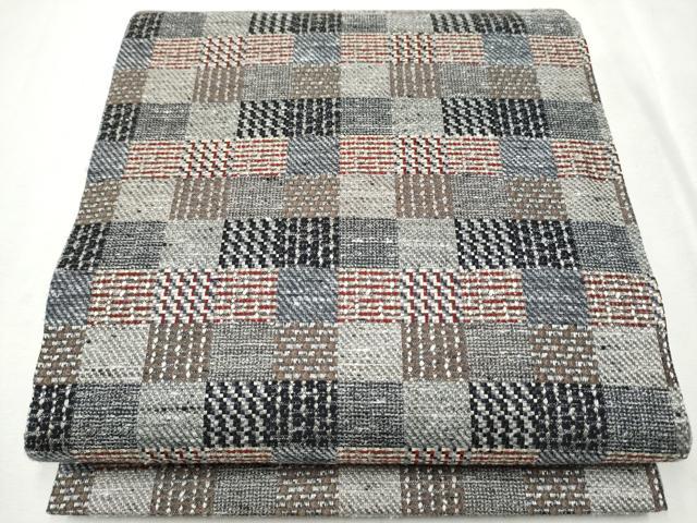 平和屋着物●両面全通柄袋帯　紬地　市松文　正絹　逸品　CAAX1400hy