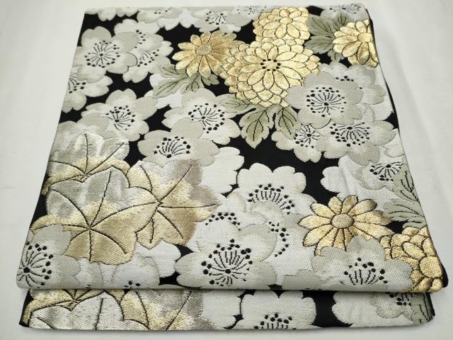 平和屋着物●六通柄袋帯　舞花文　黒地　金糸　正絹　逸品　CAAX1409hy