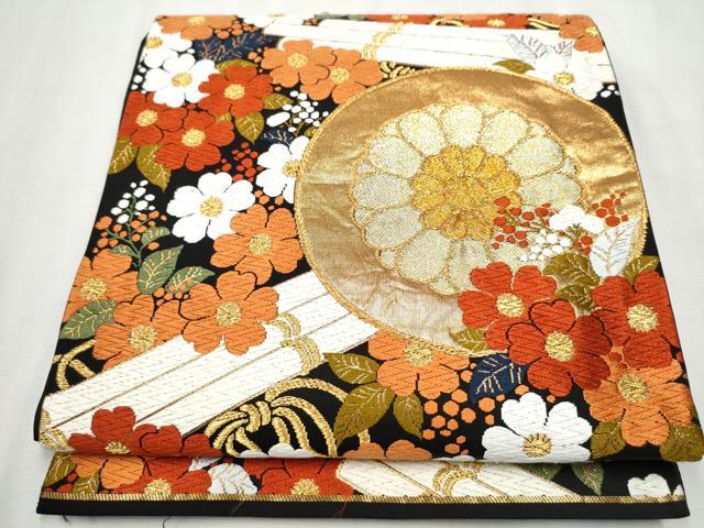 平和屋着物●西陣　河合美術織物謹製　六通柄袋帯　唐織　舞花文　黒地　金糸　正絹　逸品　CAAX1416hy