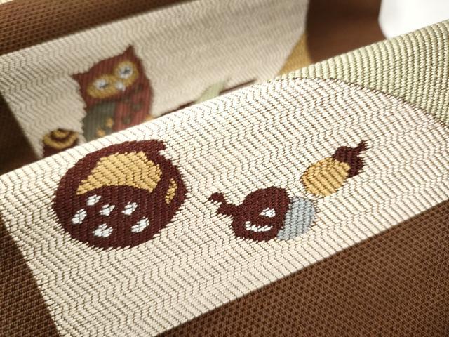 平和屋着物●九寸開き名古屋帯　ミミズク　栗　枝葉文　正絹　逸品　CAAX1454hy 平和屋着物○九寸開き名古屋帯 ミミズク 栗 枝葉文 正絹 逸品 CAAX1454hy