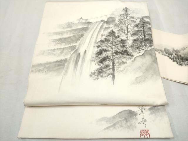 平和屋着物●塩瀬　九寸名古屋帯　作家物　手描き　樹林文　正絹　逸品　CAAX1470hy