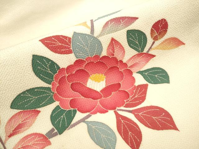 平和屋着物●九寸名古屋帯　紬地　刺し子　椿　正絹　逸品　CABB0613hy 平和屋着物○本加賀友禅作家 和田与吉 九寸名古屋帯 型染め 枝椿 鬼